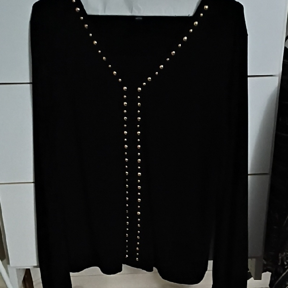INC International Concepts Black Blouser with Studded Gold Accents